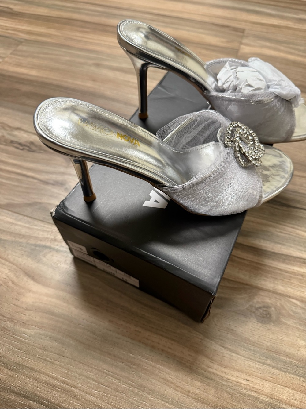 Fashion Nova Silver Crystal Brooch Heeled Slide Sandals